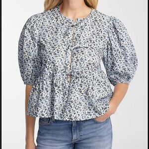Ganni Blue Floral Puff Sleeve Top